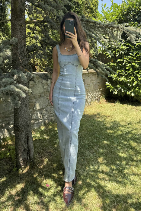 THICK STRAPS LONG DENIM WOMEN DRESS LIGHTBLUE/BZ - 3