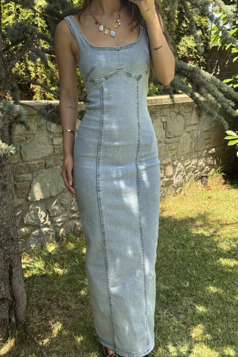 THICK STRAPS LONG DENIM WOMEN DRESS LIGHTBLUE/BZ - 5