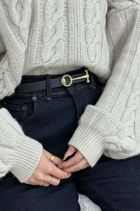 THIN LEATHER WOMEN BELT BLACK+GOLD/ZEGO 