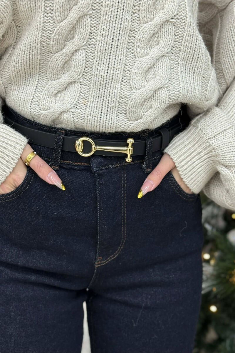 THIN LEATHER WOMEN BELT BLACK+GOLD/ZEGO - 2