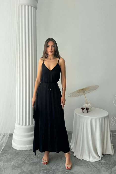 THIN STRAPS LACING DETAIL SHINY WOMAN DRESS BLACK/ E ZEZE - KLAUDIO FASHION