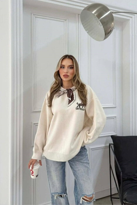 TRIKO ME DETAJIN E SHALLIT DHE ME IMAZH LEOPARDI PER FEMRA NE NGJYRE KREM - 2