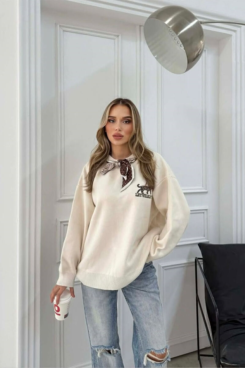 TRIKO ME DETAJIN E SHALLIT DHE ME IMAZH LEOPARDI PER FEMRA NE NGJYRE KREM - 2