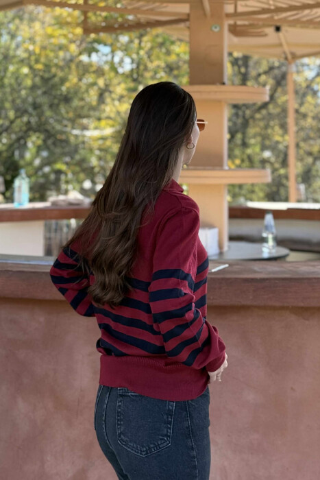 TRIKO ME JAKË POLO DHE DIZAJN VIJASH PËR FEMRA NË NGJYRËN VISHNJË - 3