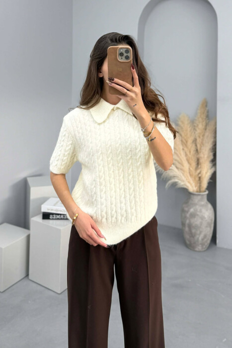 TRIKO ME MENGE TE SHKURTRA DHE ME DETAJIN E SHALLIT PER FEMRA NE NGJYRE KREM - 2