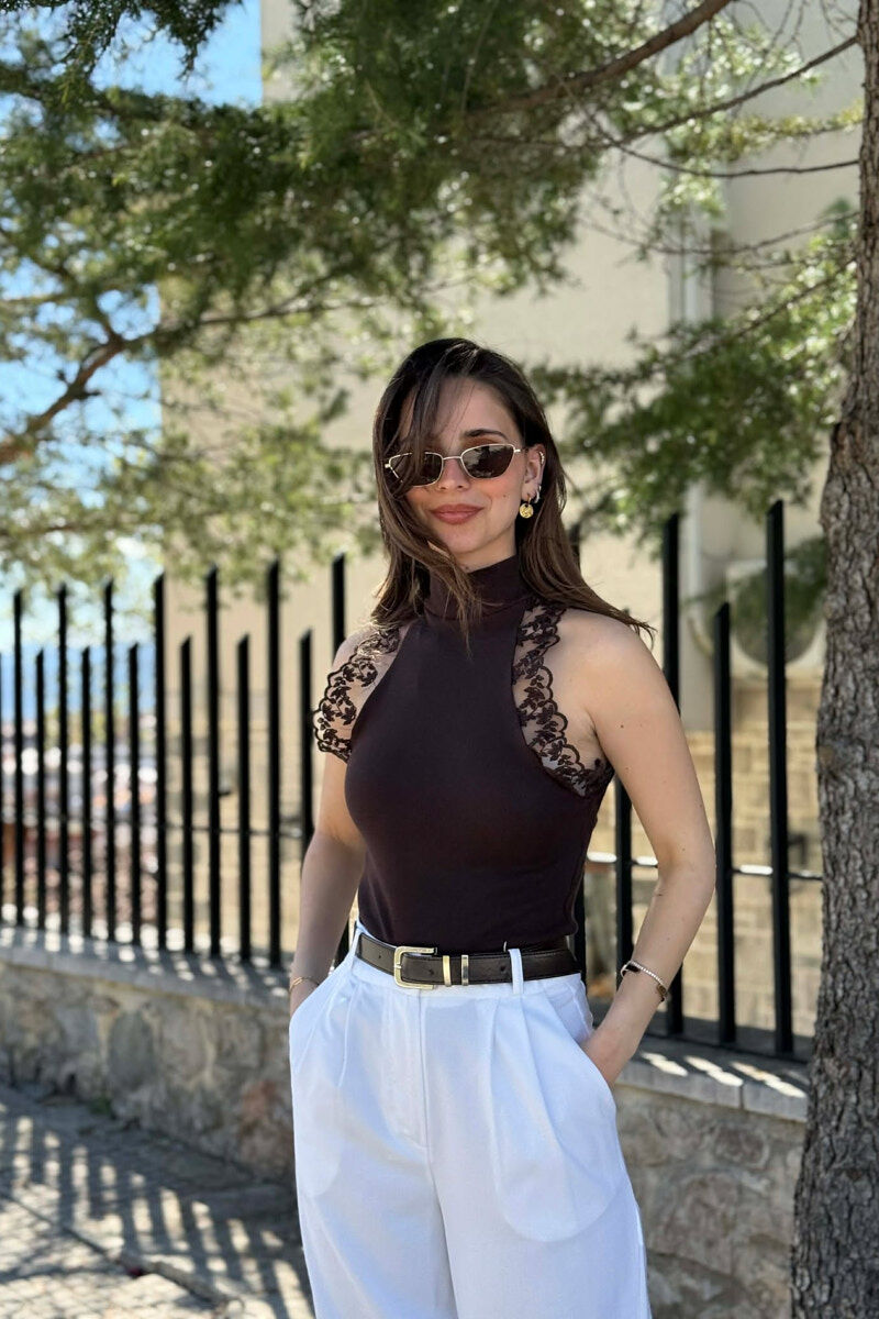 TULLE DETAIL HIGH NECK WOMAN TANK TOP BROWN/KAFE - 1