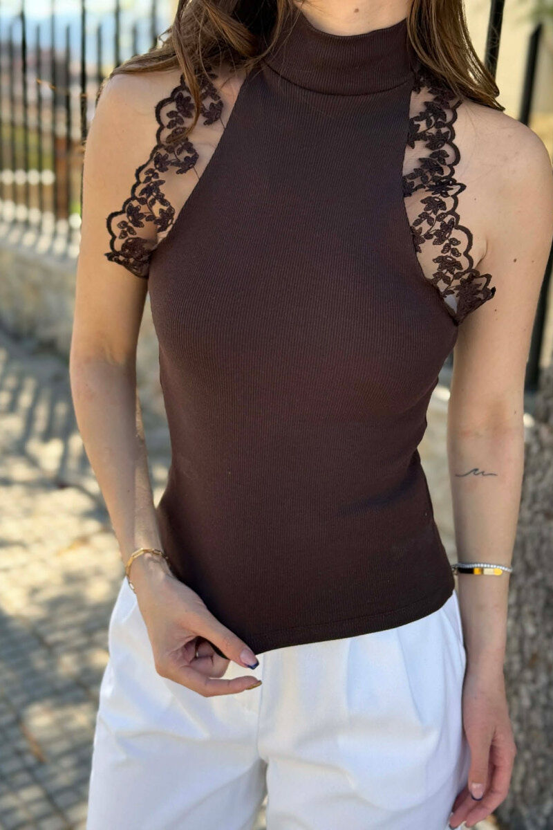 TULLE DETAIL HIGH NECK WOMAN TANK TOP BROWN/KAFE - 2