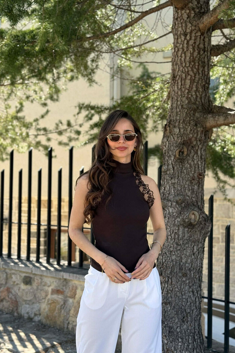 TULLE DETAIL HIGH NECK WOMAN TANK TOP BROWN/KAFE - 5