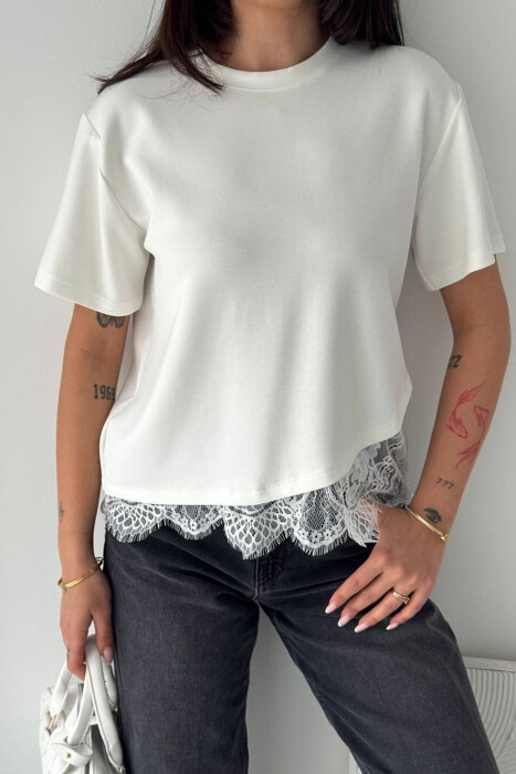 TULLE DETAIL ONE COLOR WOMAN T-SHIRT WHITE-E BARDHE - 3