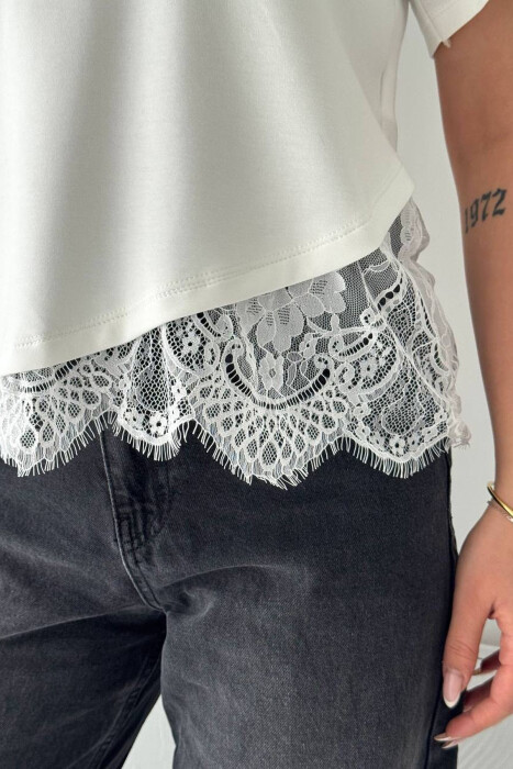 TULLE DETAIL ONE COLOR WOMAN T-SHIRT WHITE-E BARDHE - 4