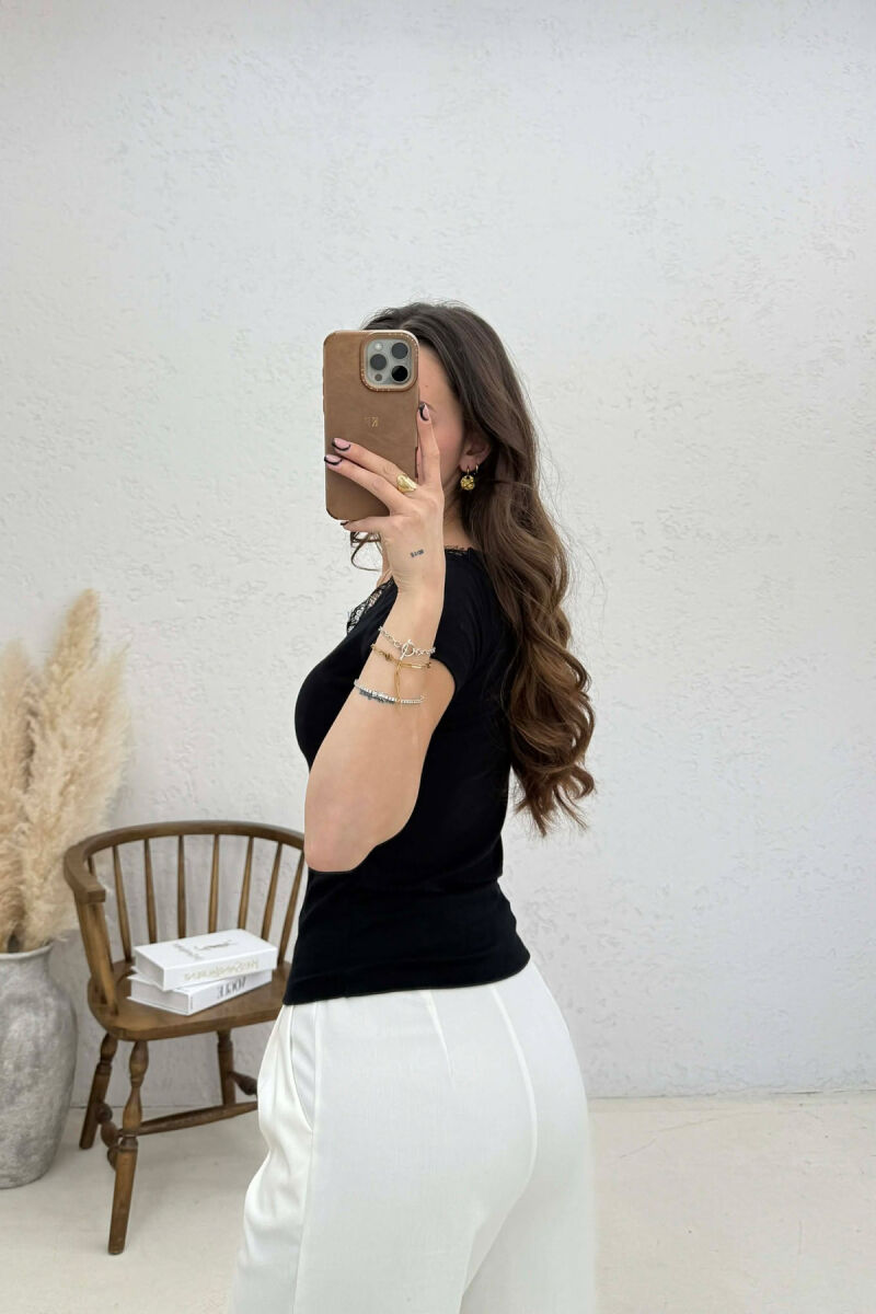 TULLE DETAIL V- NECK WOMAN T-SHIRT BLACK/ E ZEZE - 2