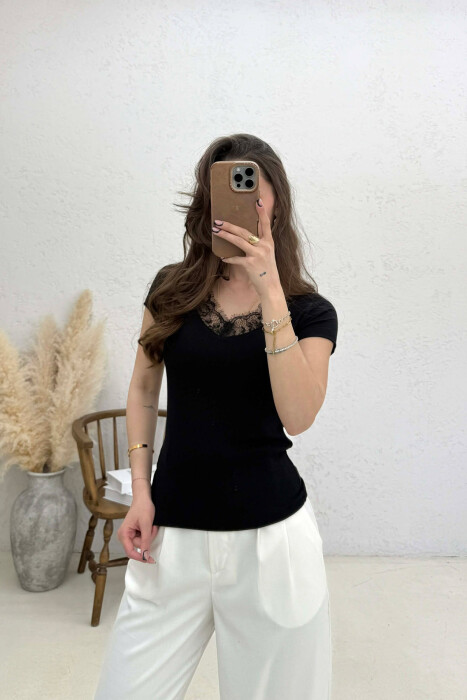 TULLE DETAIL V- NECK WOMAN T-SHIRT BLACK/ E ZEZE - 4