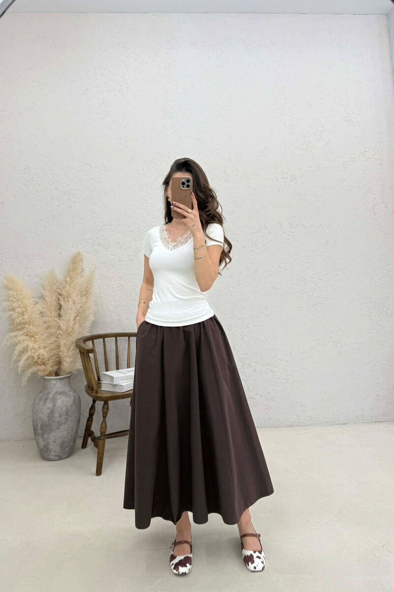 TULLE DETAIL V- NECK WOMAN T-SHIRT WHITE-E BARDHE - 4