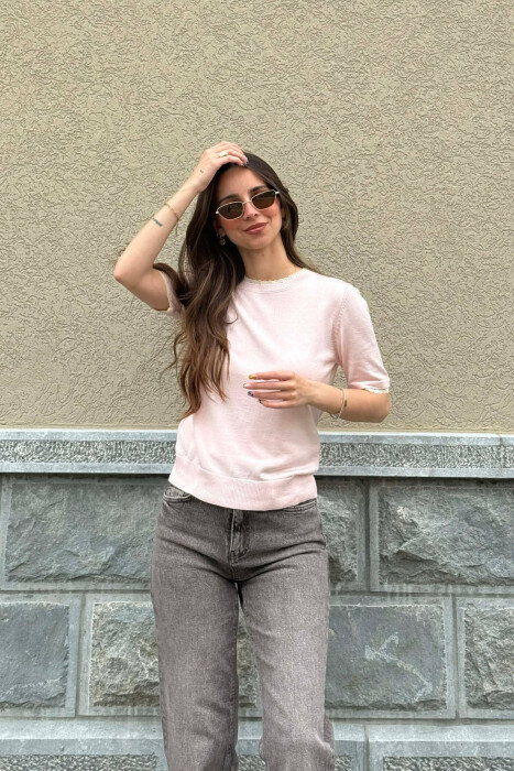 TULLE DETAILS SHORT SLEEVE WOMEN SWEATER BABY PINK/ROZB - KLAUDIO FASHION
