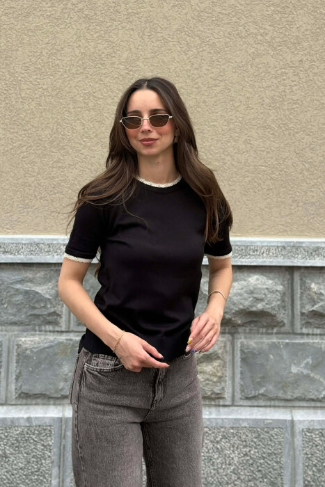 TULLE DETAILS SHORT SLEEVE WOMEN SWEATER BLACK/ E ZEZE - KLAUDIO FASHION