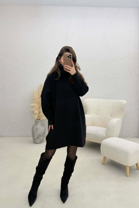 TURTLE NECK ONE COLOR KNIT WOMEN DRESS BLACK/ E ZEZE - KLAUDIO FASHION