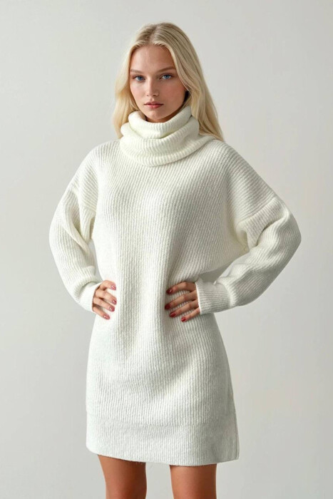 TURTLE NECK ONE COLOR KNIT WOMEN DRESS WHITE-E BARDHE - KLAUDIO FASHION