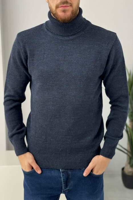 TURTLE NECK ONE COLOR MEN SWEATER DARK BLUE/BEE 