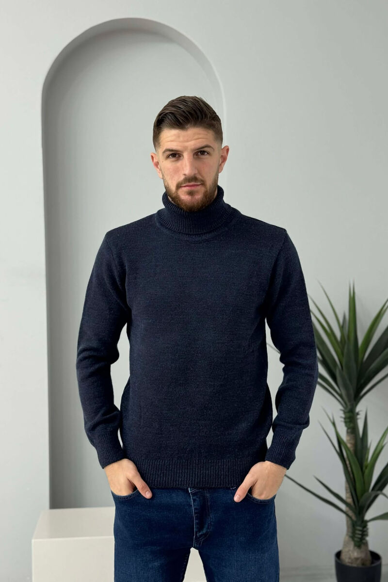 TURTLE NECK ONE COLOR MEN SWEATER DARK BLUE/BEE - 3