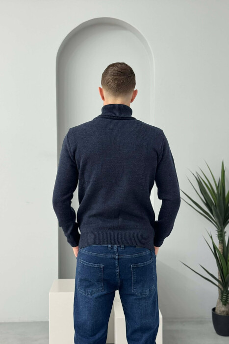 TURTLE NECK ONE COLOR MEN SWEATER DARK BLUE/BEE - 4