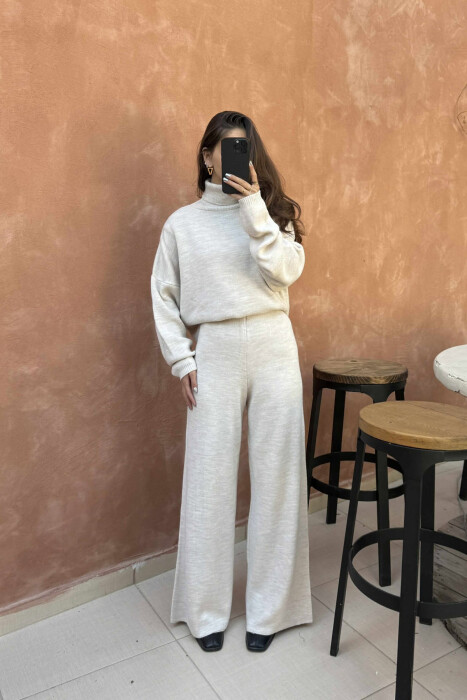 TURTLE NECK SWEATER+TROUSERS WOMEN KNIT SET BEIGE/BEZHE 