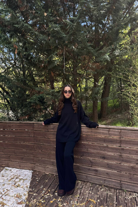 TURTLE NECK SWEATER+TROUSERS WOMEN KNIT SET BLACK/ E ZEZE 