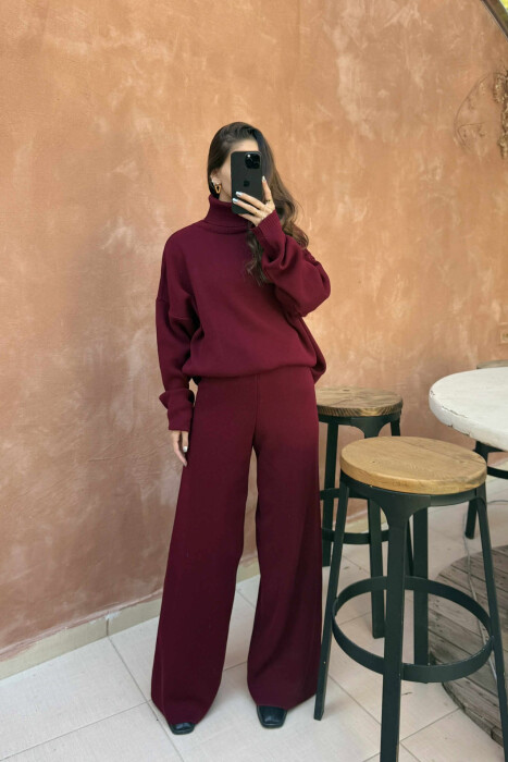 TURTLE NECK SWEATER+TROUSERS WOMEN KNIT SET BURGUNDY/VISHNJE 
