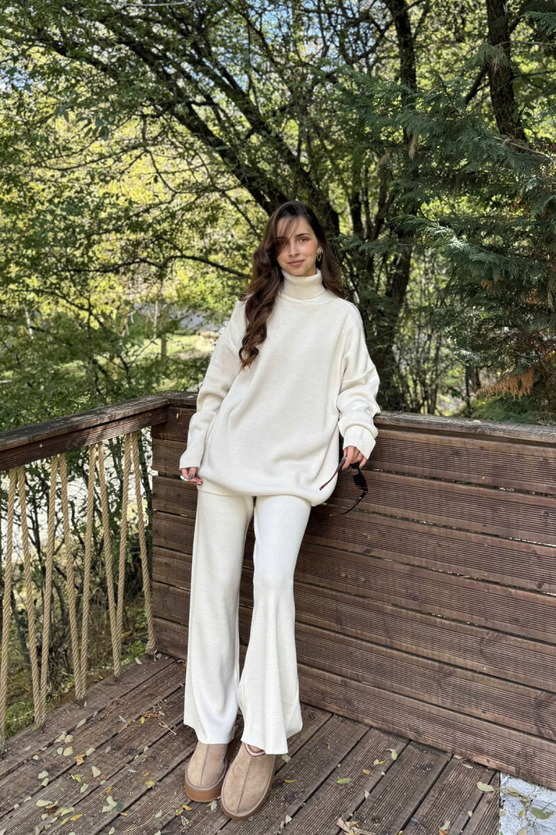TURTLE NECK SWEATER+TROUSERS WOMEN KNIT SET CREAM/KREM - 1