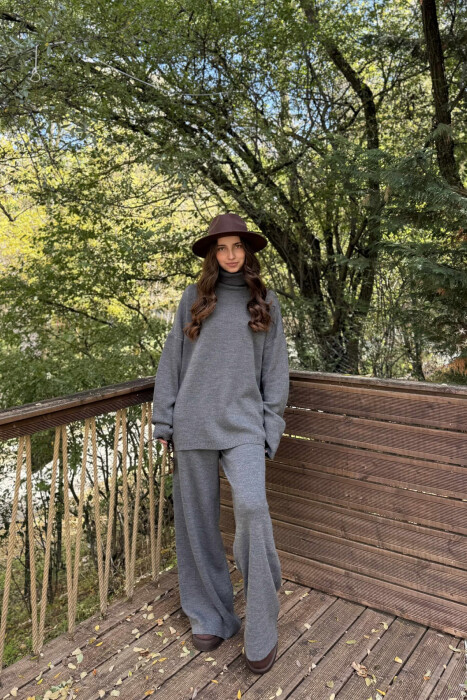 TURTLE NECK SWEATER+TROUSERS WOMEN KNIT SET DARK GREY/GEE 