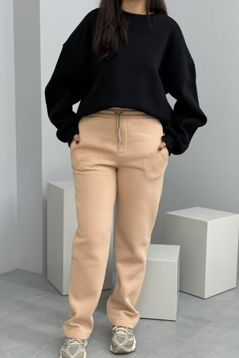 ONE COLOR SIMPLE FLUFFY WOMEN SWEATPANTS DARK BEIGE/BEZHE ERRET - 1