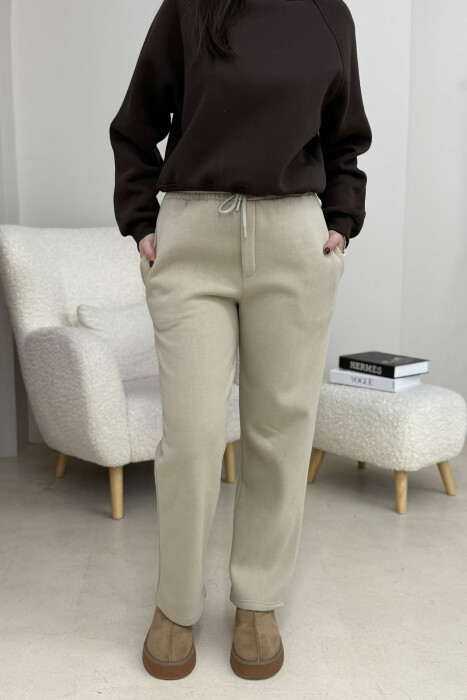 ONE COLOR SIMPLE FLUFFY WOMEN SWEATPANTS BEIGE/BEZHE - 2