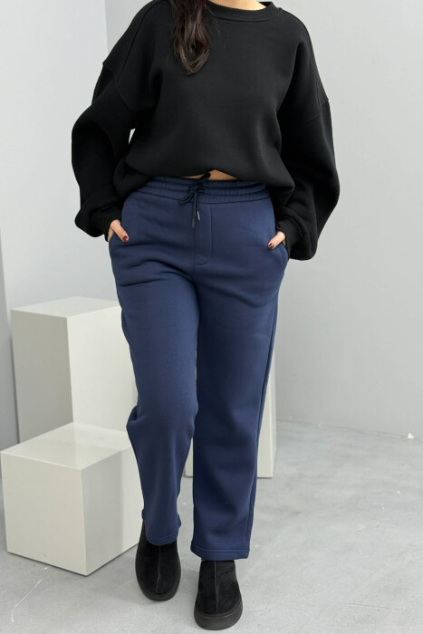 ONE COLOR SIMPLE FLUFFY WOMEN SWEATPANTS DARK BLUE/BEE - 1