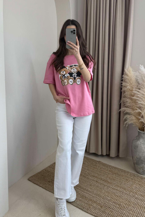 T-SHIRT NJË NGJYRËSH ME IMAZHIN E ARUSHIT PËR FEMRA NË NGJYRËN ROZË 