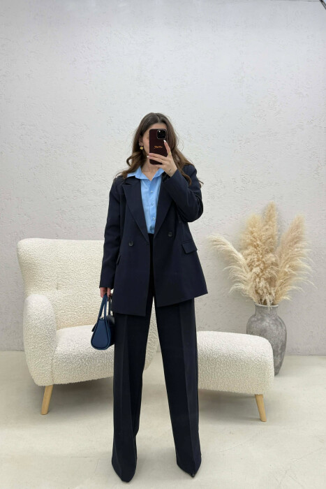 TWO BUTTONS JACKET+TROUSERS CLASSIC WOMEN SET DARK BLUE/BEE - KLAUDIO FASHION