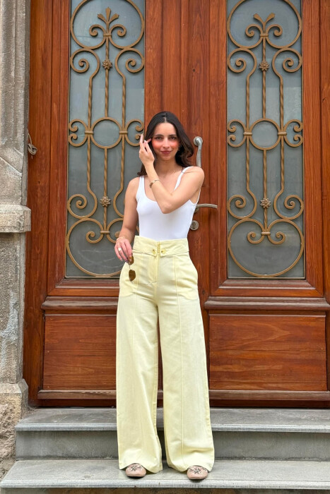 TWO BUTTONS ONE COLOR WOMEN TROUSERS YELLOW/E VERDHE - KLAUDIO FASHION
