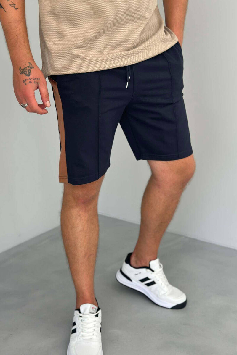 TWO COLOR ELASTIC WAIST MEN SHORTS DARK BLUE/BEE - 1