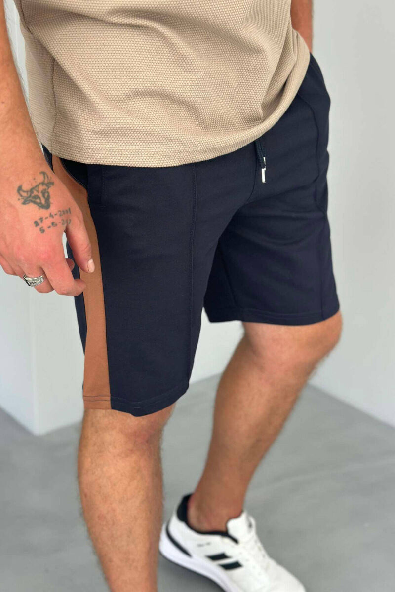 TWO COLOR ELASTIC WAIST MEN SHORTS DARK BLUE/BEE - 3