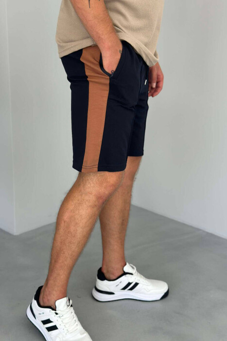 TWO COLOR ELASTIC WAIST MEN SHORTS DARK BLUE/BEE - 4