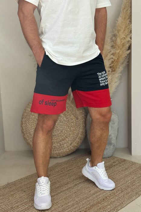 TWO COLOR FRONT WRITTING MEN SHORTS DARK BLUE+RED/BEE+KU - 1