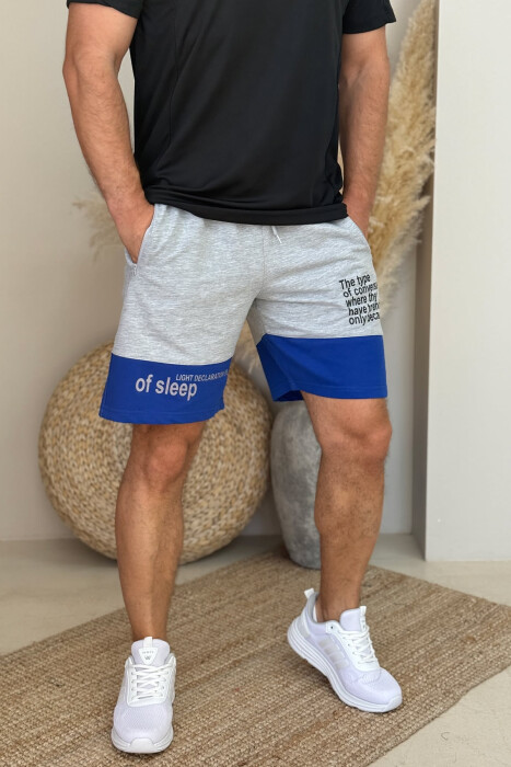 TWO COLOR FRONT WRITTING MEN SHORTS GREY-BLUE/ GRBL - KLAUDIO FASHION