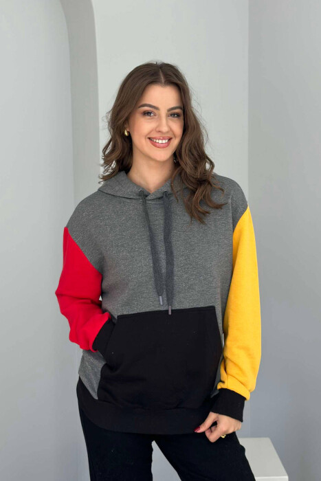 TWO COLOR SLEEVE WOMEN HOODIE DARK GREY/GEE - KLAUDIO FASHION