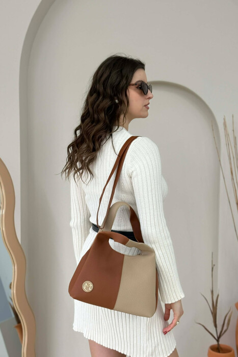 TWO COLORS LEATHER WOMAN BAG BEIGE+BROWN/BEZHE+KAFE - 2