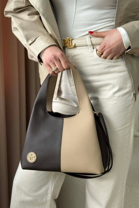 TWO COLORS LEATHER WOMAN BAG BEIGE+DARK BROWN/BEZHE+KAFE ERRET - 2