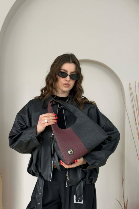 TWO COLORS LEATHER WOMAN BAG BLACK-BURGUNDY/ZEVI - 2