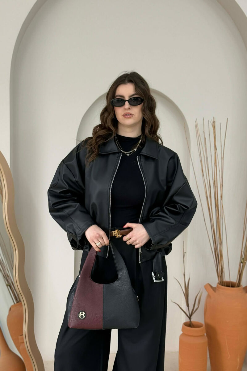 TWO COLORS LEATHER WOMAN BAG BLACK-BURGUNDY/ZEVI - 3