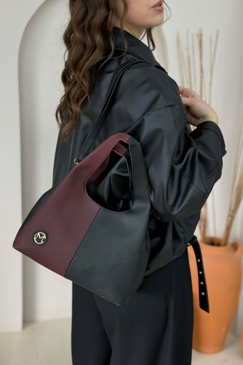 TWO COLORS LEATHER WOMAN BAG BLACK-BURGUNDY/ZEVI - 4