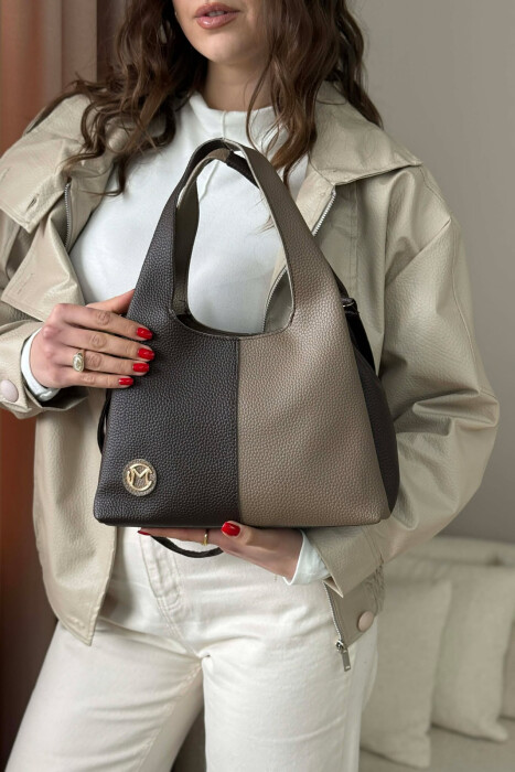 TWO COLORS LEATHER WOMAN BAG BROWN+GREY/KAFE+GRI 