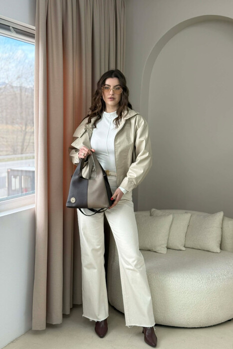 TWO COLORS LEATHER WOMAN BAG BROWN+GREY/KAFE+GRI - 4