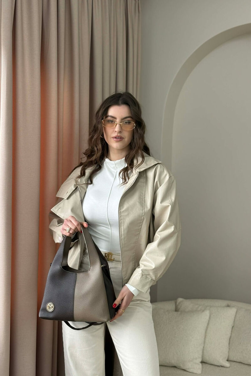 TWO COLORS LEATHER WOMAN BAG BROWN+GREY/KAFE+GRI - 5