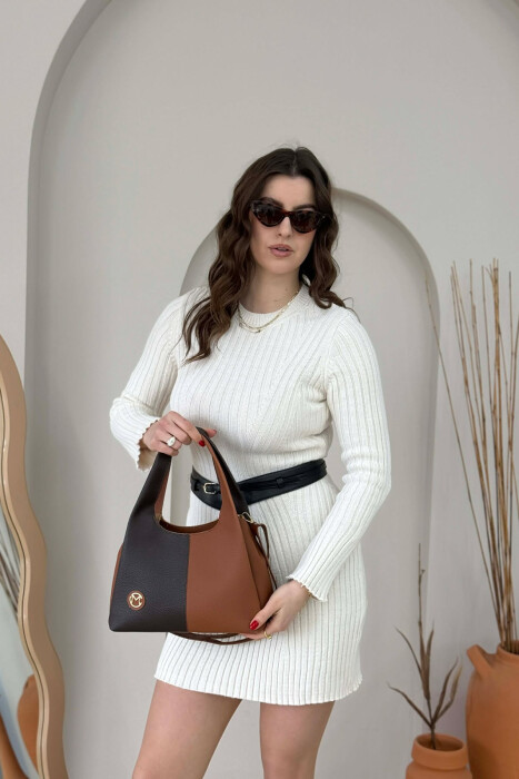 TWO COLORS LEATHER WOMAN BAG DARK BROWN/KAE - 2